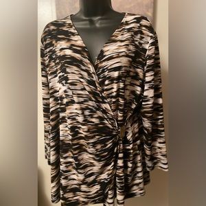 Calvin Klein Wrap Front Quarter Sleeve Top in Black Multi Size XL-Preowned